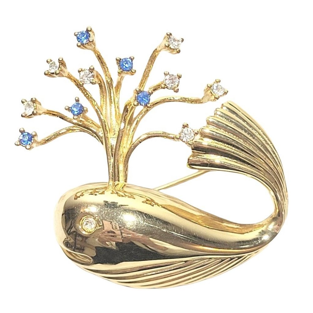 Vintage Whale Brooch Stamped E. Pearl (Edwin Pearl) Gold Tone Pin with Blue and